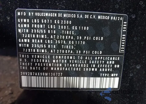 2024 Volkswagen Tiguan 2.0T Se/2.0T Wolfsburg Edition из США, поврежденный, VIN 3VV2B7AX9RM136727